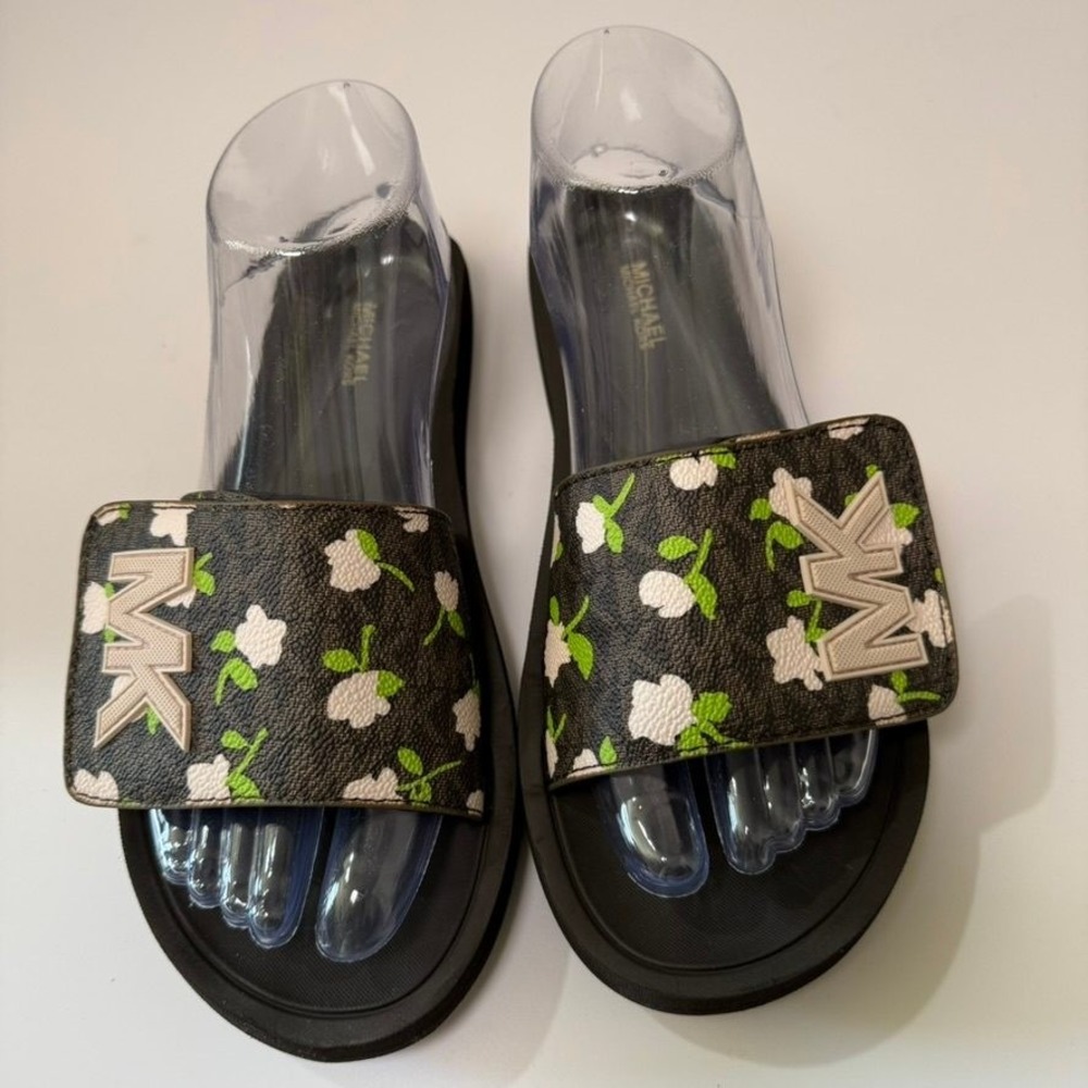 Michael Kors MK Logo Slides Black Floral Signature Adjustable Strap Sandals 8M